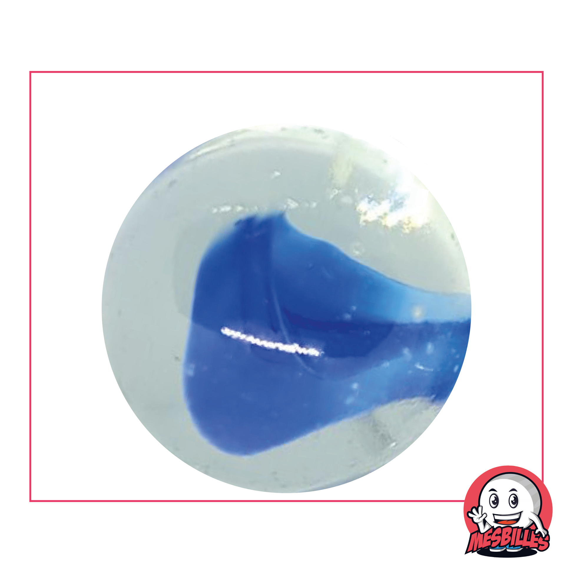 Canica Oso Blanco de 42 mm en vidrio, color cristal translúcido y centro azul o blanco, canica grande