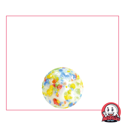 Imagen de la mascota MisCanicas rodeada de canicas blancas opacas de 14 mm recubiertas de fragmentos multicolores
