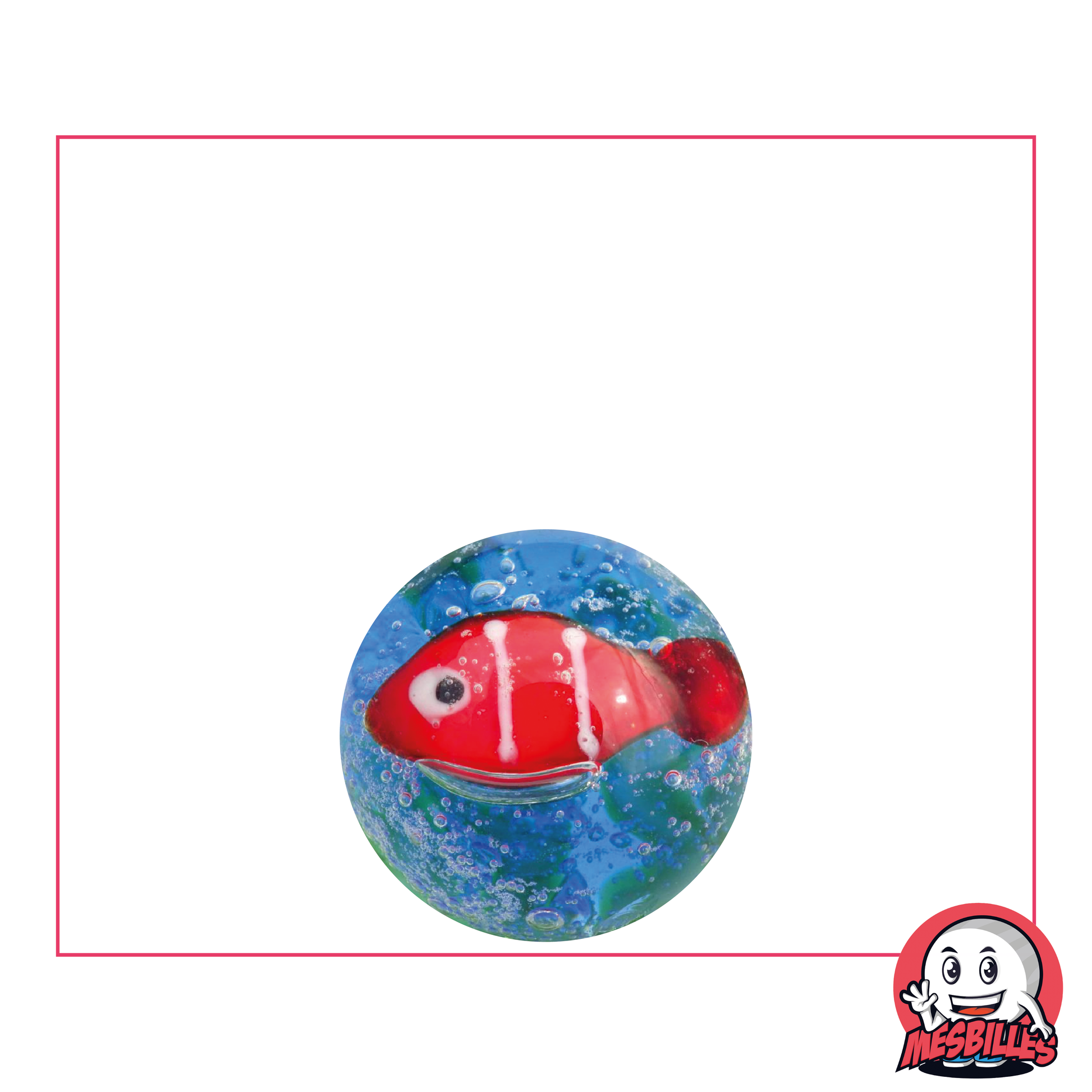 Canica Art Red Fish 16 mm, con los colores azul y verde del mar y un pez rojo dibujado