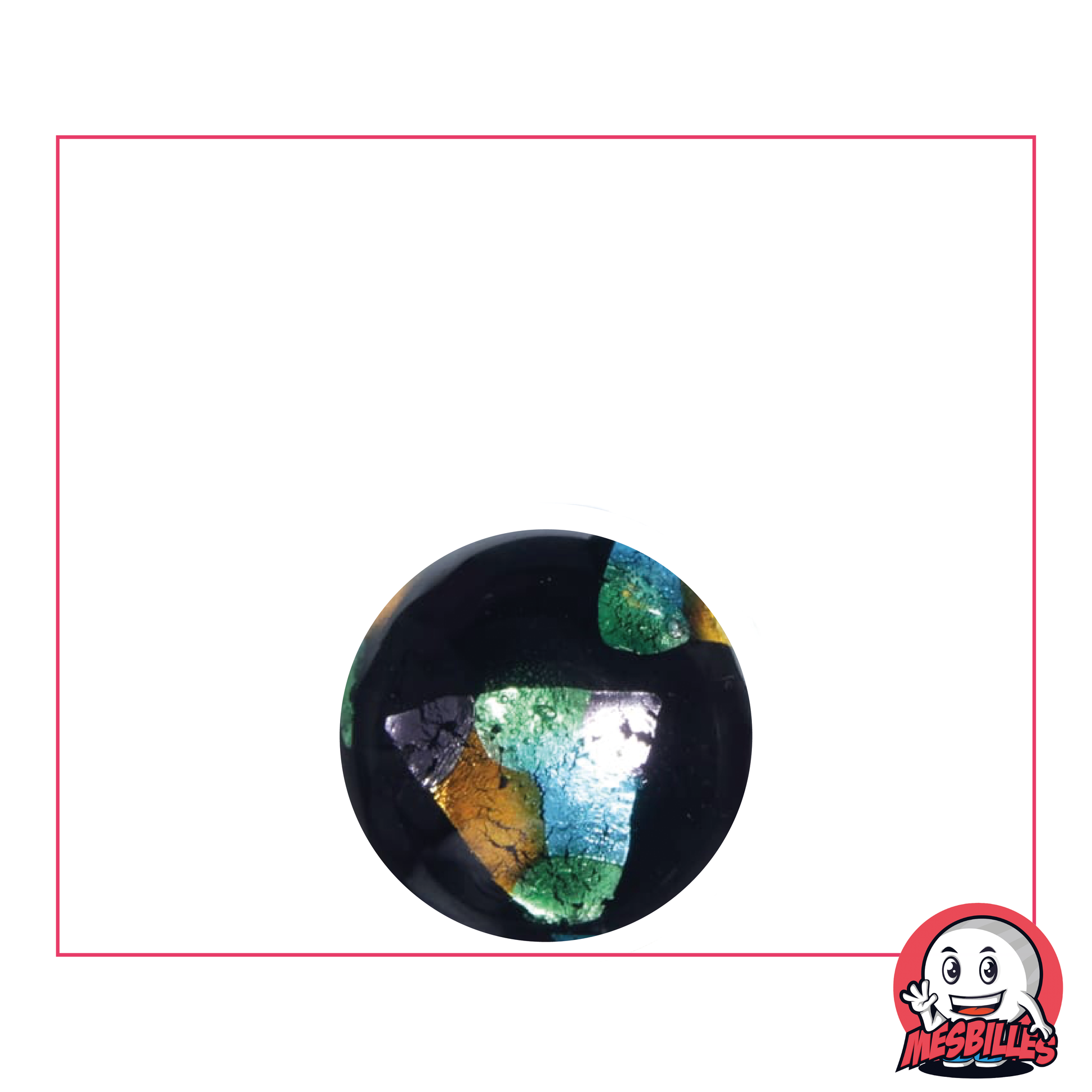 Canica Art Pirámide 16 mm, negra brillante con trozos de hojas metalizadas de colores en la superficie