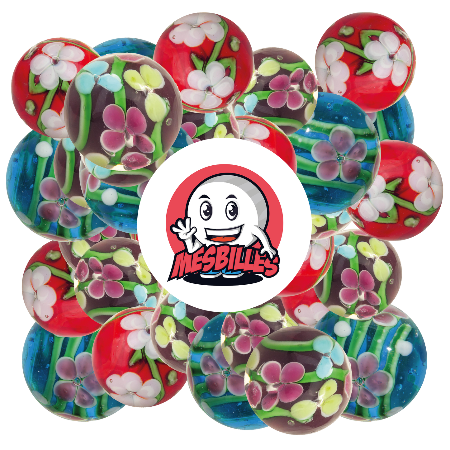 1 Canica Art Tallo con Flores Azul 16 mm