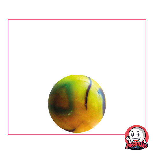 Canica Tigre de Bengala 16 mm de cristal amarillo ultrabrillante con trazos rojos y azules en la superficie