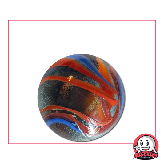 Bille Dragon Céleste 25 mm avec rubans rouge et bleu sur fond sombre, au design mythique et flamboyant, idéale pour collection ou jeux de billes