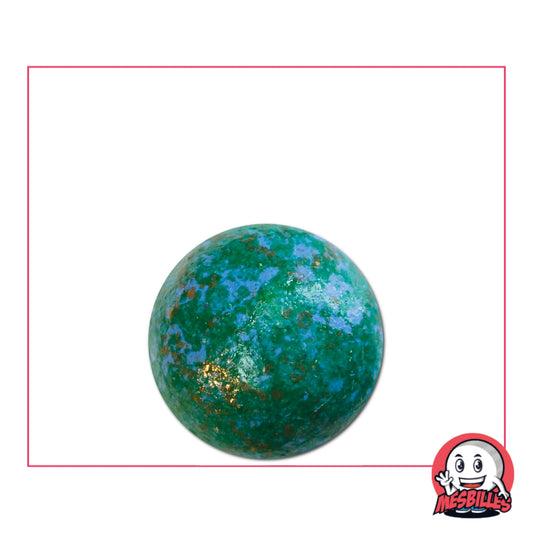 Bille en terre vert moucheté de 25 mm, aux nuances vertes, bleues et dorées, idéale pour collection ou jeu traditionnel